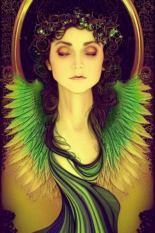 Image similar to a magic the gattering illustration of a woman angel , fantasy, gradient black green gold, dreamy and ethereal, green eyes, golden ratio, peaceful expression, ornate frilly dress, fantasy, intricate, elegant, rainbow splash of ink, highly detailed, digital painting, artstation, concept art, smooth,b sharp focus, illustration, art by scott fisher and alphonse mucha