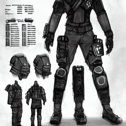 Image similar to ryan church concept art sketch cyberpunk solider black cloth character reference sheet