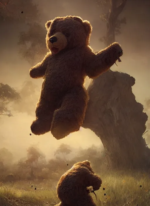 Image similar to a teddy bear fights off zombies to protect a crying child, portrait, dramatic lighting, cinematic, establishing shot, extremly high detail, photo realistic, foto realistic, cinematic lighting, post processed, concept art, artstation, matte painting, style by eddie mendoza, raphael lacoste, alex ross