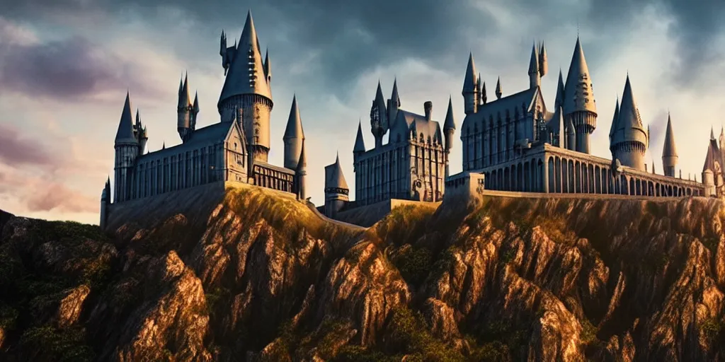 Image similar to film still. screenshot. hogwarts castle. landscape. during golden hour. cinematic lighting. directed by christopher nolan and denis villeneuve. extremely detailed. 4 k.