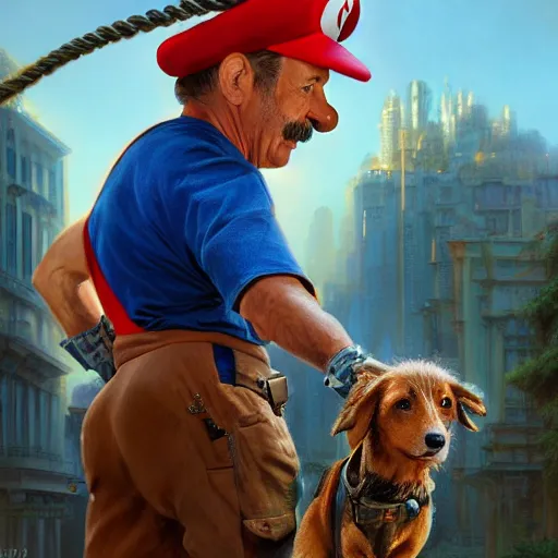 Image similar to john locke as mario walking a dog, plumbing jungle, detailed, centered, digital painting, artstation, concept art, donato giancola, joseph christian leyendecker, wlop, boris vallejo, breathtaking, 8 k resolution, extremely detailed, beautiful, establishing shot, artistic, hyperrealistic, beautiful face, octane render, cinematic lighting, dramatic lighting, masterpiece