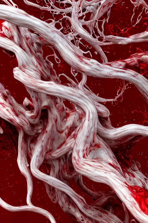 Prompt: swirling organic liquids mixing together, extremly detailed, organism, veins, red and white, intrinsec details, dramatic light, octane render, realistic