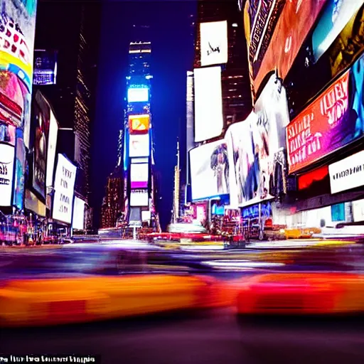 Prompt: a vivid photo of a unicorn galloping through times square in the 8 0 s, there are cars, long exposure