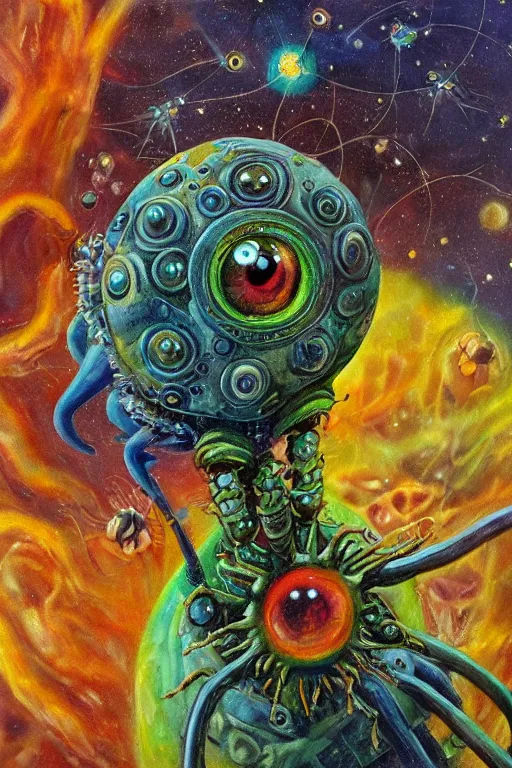 Image similar to oil painting, close-up, hight detailed, creature with six eyes and tubes with flowers everywhere at red planet, in style of 80s sci-fi art, neodada