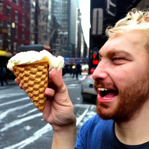 Image similar to an angry god looking at his tiny ice cream cone in nyc.