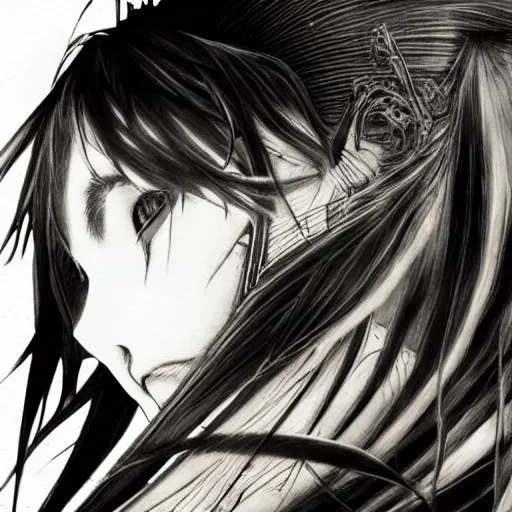 Image similar to Yoshitaka Amano realistic illustration of an anime girl with black eyes, wavy white hair fluttering in the wind and cracks on her face wearing Elden ring armour with engraving, abstract black and white patterns on the background, noisy film grain effect, highly detailed, Renaissance oil painting, weird portrait angle, blurred lost edges, three quarter view