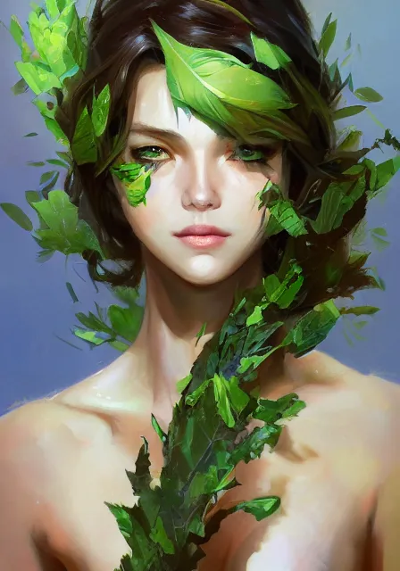 Image similar to greg manchess a realistic anime portrait of a beautiful dryad with glowing green eyes and tree bark skin wearing clothes made of leaves, digital painting, by stanley artgerm lau, sakimichan, wlop and rossdraws, digtial painting, trending on artstation