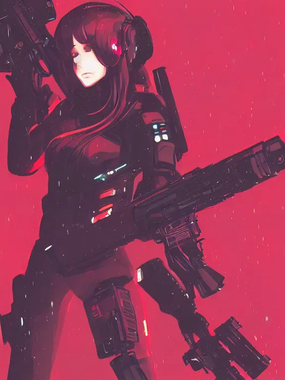 Prompt: a female character with a gun and a red background, cyberpunk art by muqi, featured on pixiv, rayonism, sci - fi, pixiv, official art