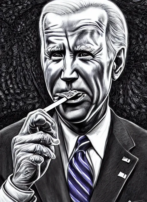 Prompt: a symmetrical photorealistic hyper detailed psychedelic portrait of Joe Biden smoking DMT out of a meth pipe in the style of alex grey