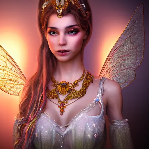 Image similar to portrait of fairy princess, glowing, ornate and intricate jewelry, jaw dropping beauty, glowing background lighting, white accent lighting, hyper detailed, 4 k octane render