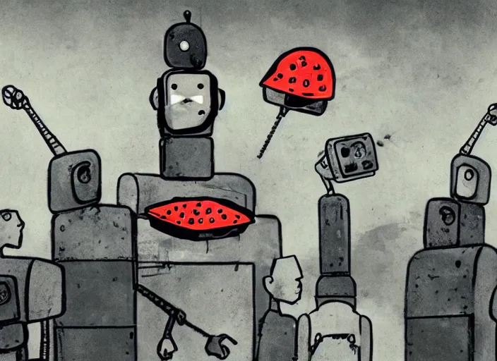 Image similar to dystopian art, a pizza slice robot dictator delivering a propaganda speech to human robots