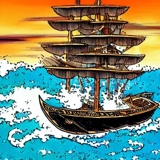 Prompt: a boat at sea by eiichiro oda