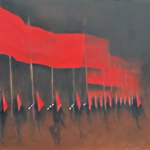 Prompt: end of war, red flags, dark, dark colors, 3 soldiers, foggy scene, oil painting, japan