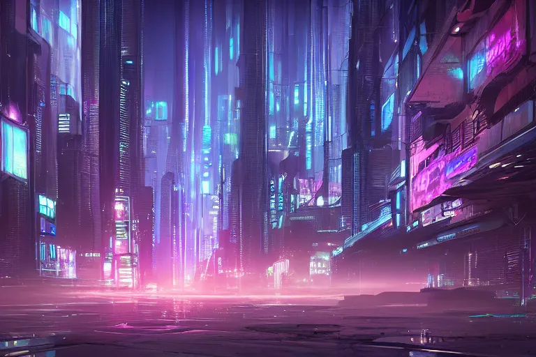 Prompt: a digital painting of a city at night, cyberpunk art by stephan martiniere, cgsociety contest winner, panfuturism, concept art, rendered in unreal engine, reimagined by industrial light and magic