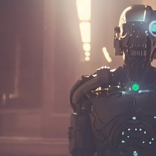 Image similar to movie still of a cool cyborg, cinematic composition, cinematic light, by john carpenter