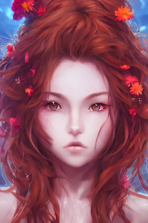 Prompt: face portrait of a beautiful anime girl with red wavy hair and flowers around her face, perfect face details, symmetry, digital painting, trending on artstation and deviantart, epic composition, vibrant, dynamic, highly detailed, ross draws, wlop, 8 k