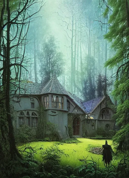 Image similar to hyper realistic witchy modern gothic house with mood lighting and tech in the woods gorgeous lighting, sunbeams blue sky, highly detailed, lush forest foliage painting by zdzisław beksinski and norman rockwell and greg rutkowski weta studio, and lucasfilm