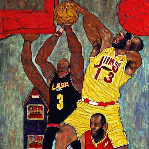 Prompt: gustav klimt painting of lebron james slam dunk