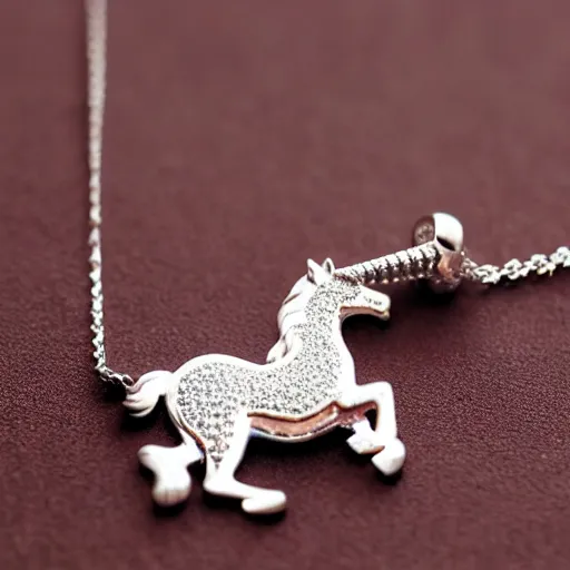 Image similar to a lovely silver cartoon unicorn necklace pendant, 3 d rendering, pandora style, tiffany style, swarovski style, van cleef & arpels style, cartier style, boucheron style, bulgari style, chaumet style, elegant, noble, stylish