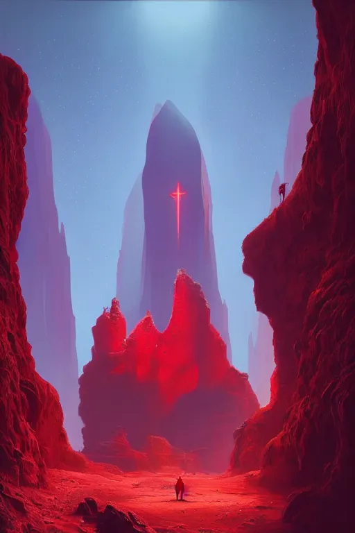 Prompt: red glowing temple designed by zaha hadid in a canyon, shooting stars, dramatic lighting, artstation, matte painting, ralph mcquarrie, simon stalenhag