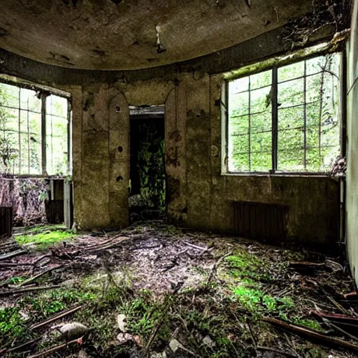 Image similar to abandoned, overgrown, underground bunker, waterfall room