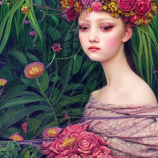 Prompt: princess girl, botanical, portrait face, colorful, kupka, long dress intricate, miles johnston, kuroda seiki, cynical realism, ozabu, john william godward, painterly, yoshitaka amano, moebius, miles johnston, louise zhang, james jean, mark ryden lowbrow pop surrealism art style