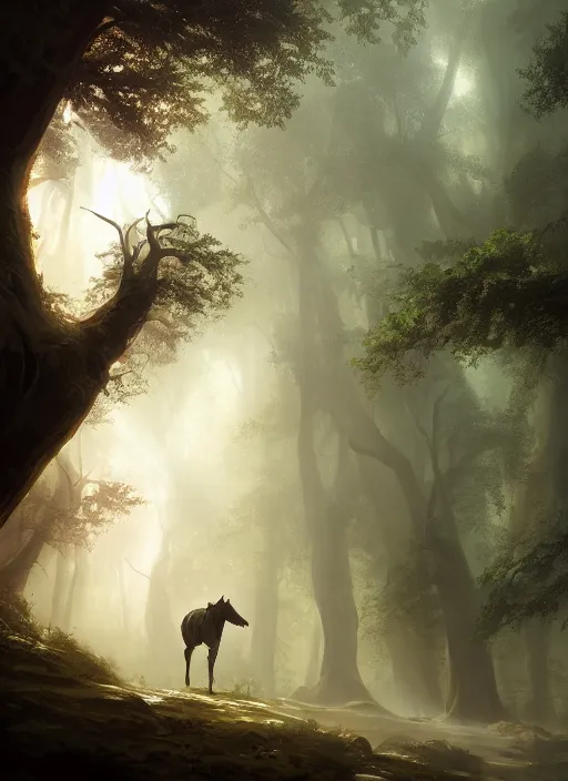 Image similar to a man walking through a forest with a horse, a detailed matte painting by jordan grimmer, cgsociety, fantasy art, matte painting, 2 d game art, volumetric lighting