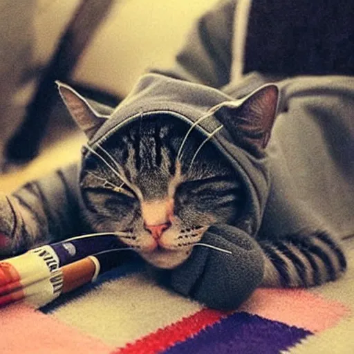 Image similar to a cat smoking weed and wearing a beanie, very stoned and tired