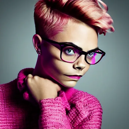 Prompt: portrait of beautiful cara delevingne with a pink pixie cut hairstyle and stylish glasses by mario testino, headshot, detailed, award winning, sony a 7 r