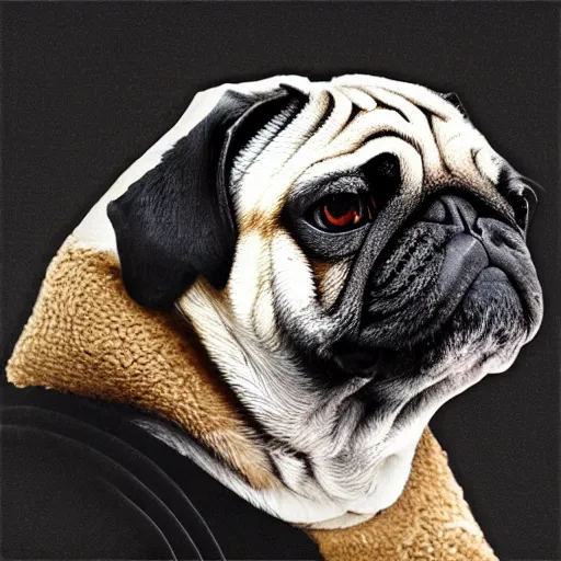 Image similar to pug dog with an emo haircut on a record cover, intricate detail, high contrast, studio photo, well lit,