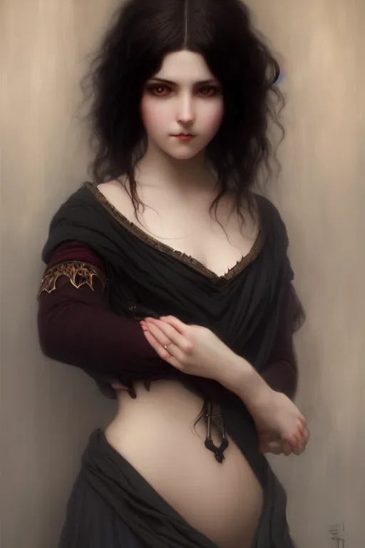 Prompt: a portrait of a beautiful dark hair waif girl gothic, bored, illustration, soft lighting, soft details, painting oil on canvas by Edmund Blair Leighton and Charlie Bowater octane render trending on artstation, 4k, 8k, HD