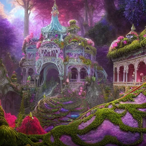 Prompt: a beautiful and highly detailed matte painting of a beautiful dream palace in a magical fantasy forest garden, colorful flowers, psychedelic, epic scale, insanely complex, hyperdetailed, sharp focus, hyperrealism, artstation, cgsociety, 8 k, bright colors, by caspar friedrich, albert bierstadt, james gurney, brian froud,