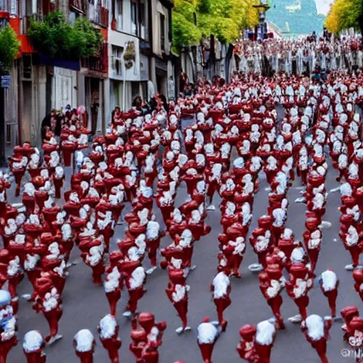 Prompt: the running of the screaming bob ross dolls in pamplona spain