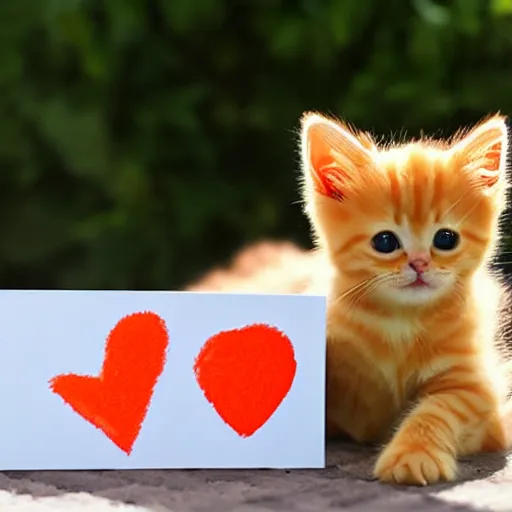 Image similar to cute fluffy orange tabby kitten with a sign that says