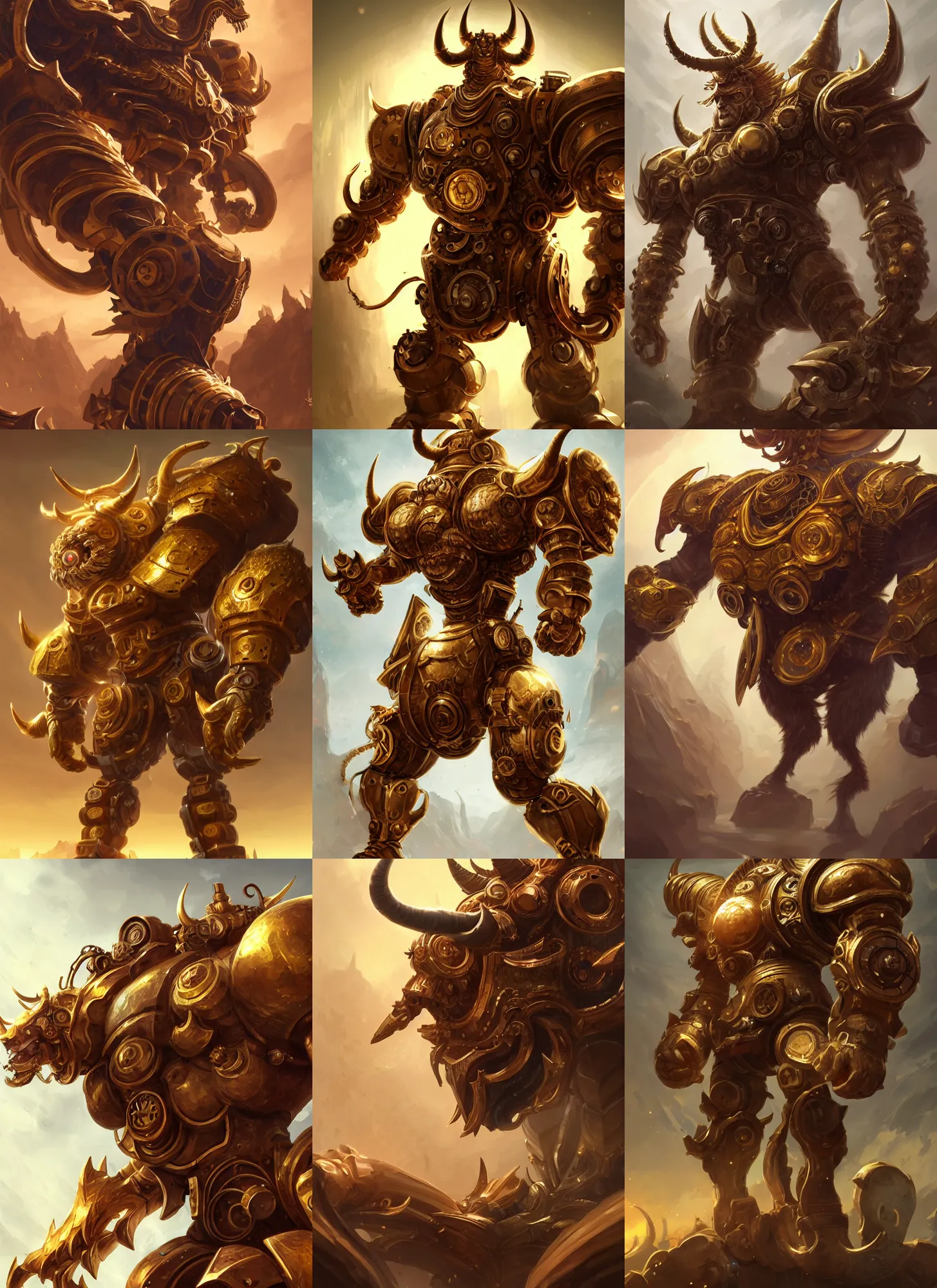 Prompt: a highly detailed illustration of gentle mighty colossal golden fighting horned mechanical fantasy steampunk titan, with cute doting eyes, intricate, elegant, highly detailed, centered, digital painting, artstation, concept art, smooth, sharp focus, league of legends concept art, wlop.