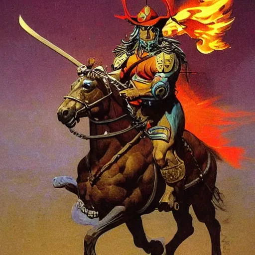 Image similar to a warrior riding a horse, holding an axe surrounded by fire. Artwork by Moebius and Frank Frazetta