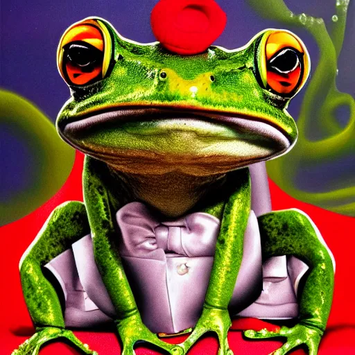 Prompt: a frog wearing a smoking, fancy dressing, studio portrait photo, cover magazine, famous, trending on art station, 8k, 4k, hd,