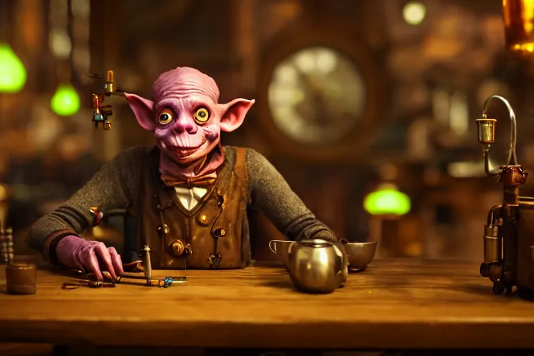 Image similar to a bored male goblin tinkerer sitting alone at a table in a cafe in a steampunk city, close up shot, sharp focus, shallow depth of field, highly detailed face, 8k, unreal engine 5, cinematic lighting, vivid elegant fantasy concept art, character art, warm atmosphere, artstation, deep complimentary colors, photorealistic, hyperdetailed 3D matte painting, hyperrealism, hyperrealistic masterpiece