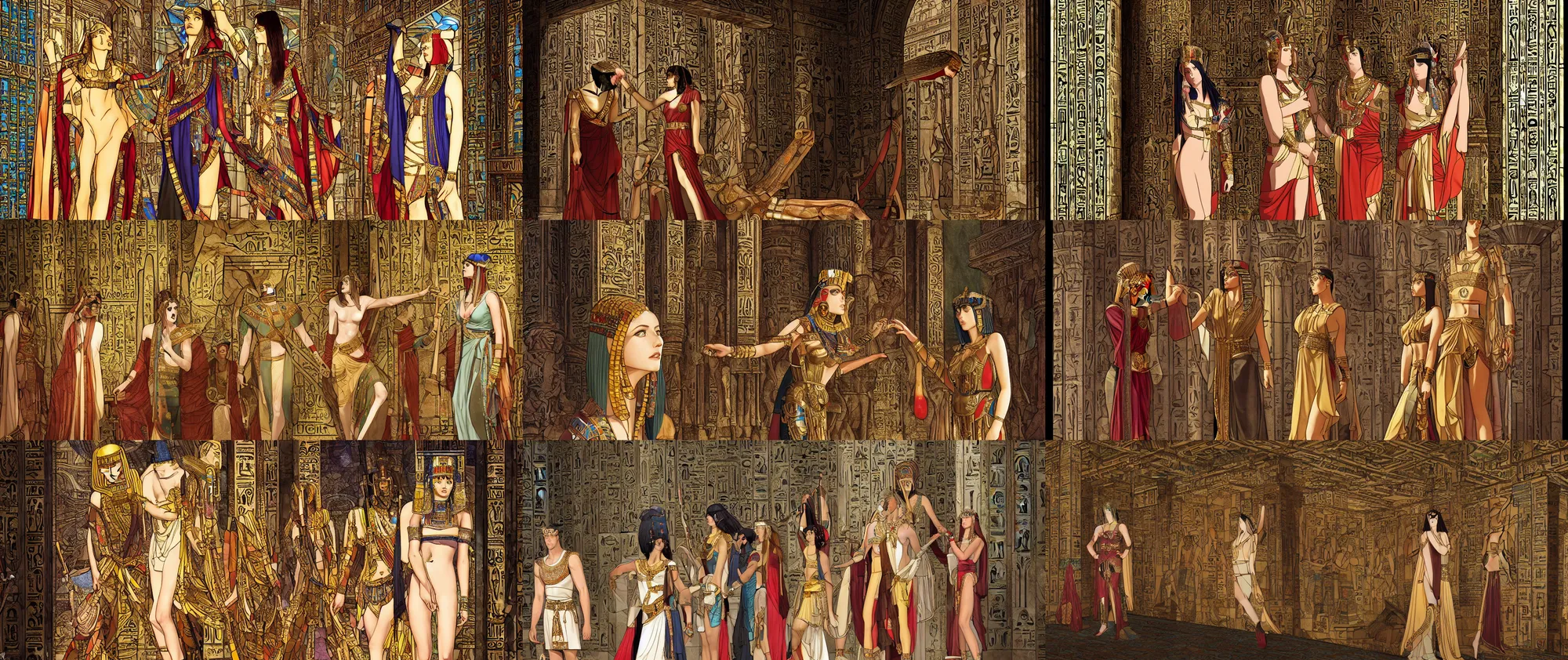 Prompt: Cleopatra meets Julius Caesar, stained glass portrait in glorious Egyptian temple, symmetrical face, beautiful eyes, fine art, art nouveau masterpiece, art deco, semi realistic anime, museum quality work, cel shaded, art style of John Collier, Moebius, Studio Ghibli, Erte, García Benito, hyperrealistic, detailed, cinematic, widescreen, 4K