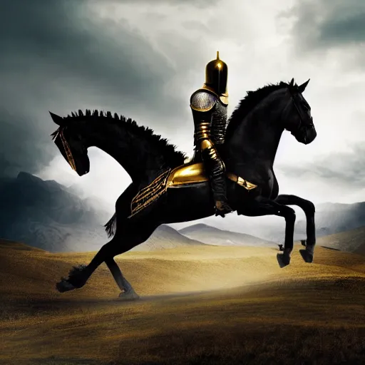 Prompt: a knight with black armor and gold details on a runaway black horse rides in a valley during a battle between templars with a stormy sky and flying crows high detailed 4k realistic light