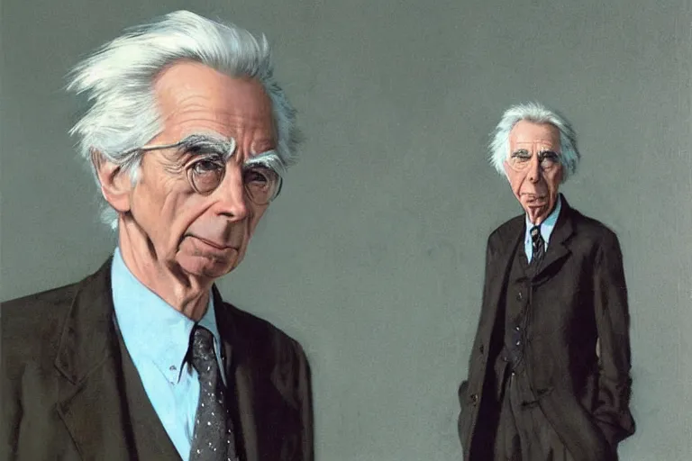Prompt: “portrait of Bertrand Russell as secret agent, by Robert McGinnis”