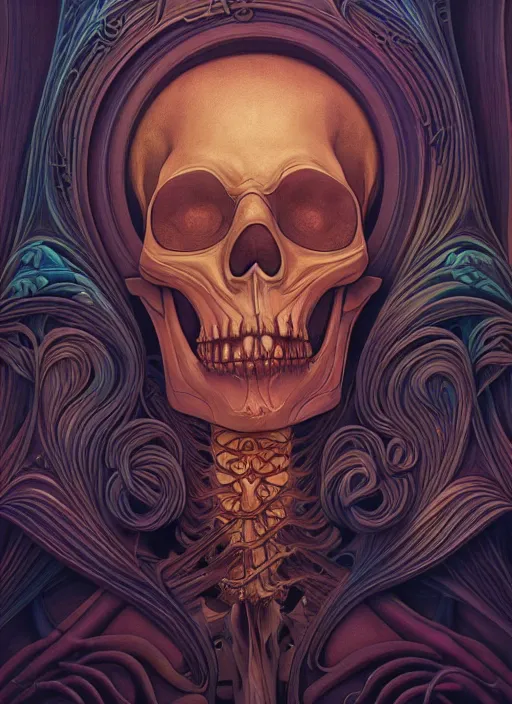 Prompt: wax skeleton, wooden art nouveau swirls, subsurface scattering, in the style of james jean and tomasz alen kopera, mystical colors, rim light, beautiful lighting, 8 k, stunning scene, raytracing, octane render, trending on artstation