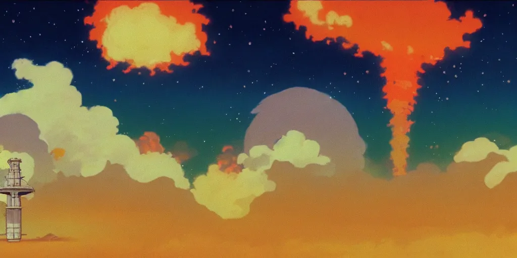 Image similar to lo - fi nuclear explosion to study and chill to, wallpaper, studio ghibli, anime, pastel colors