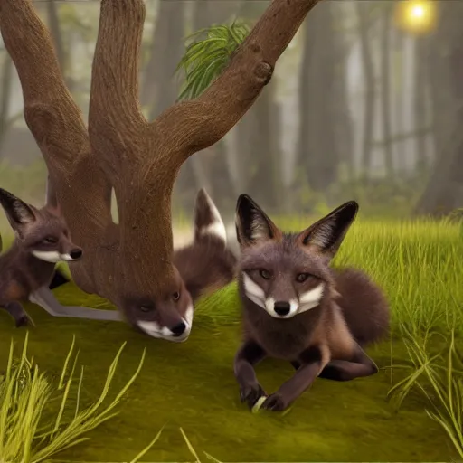 Image similar to second life in game screenshot of black foxes cuddling next to each other in a beautiful fantasy forest lit with fireflies, 3 d render, octane engine, unreal engine 4, 4 k screenshot