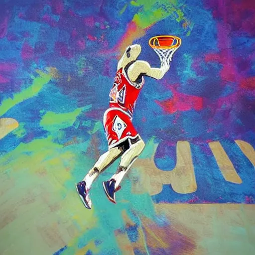 Image similar to “ abstract painting of a llama in a jersey dunking a basketball like michael jordan, shot from below, tilted frame, 3 5 °, dutch angle, extreme long shot, high detail, dramatic backlighting, indoors. in the background is a stadium full of people. ”