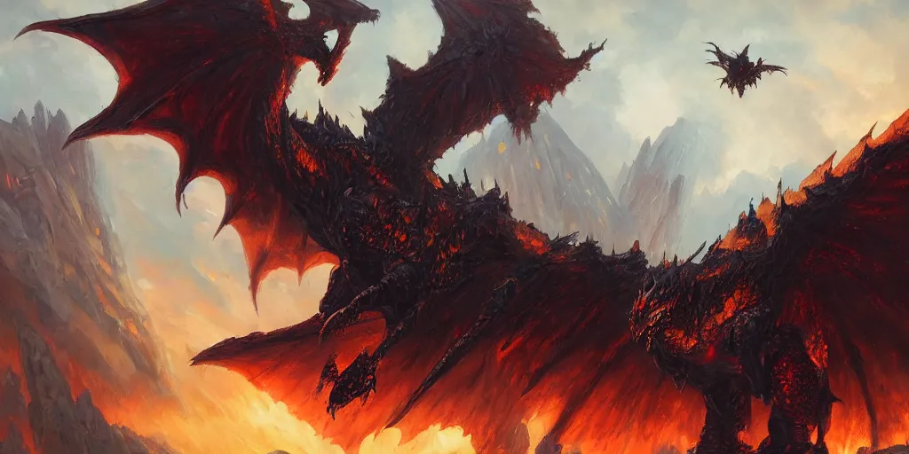 Image similar to oil painting of one deathwing dragon from world of warcraft flying down on earth by greg rutkowski, closed up view