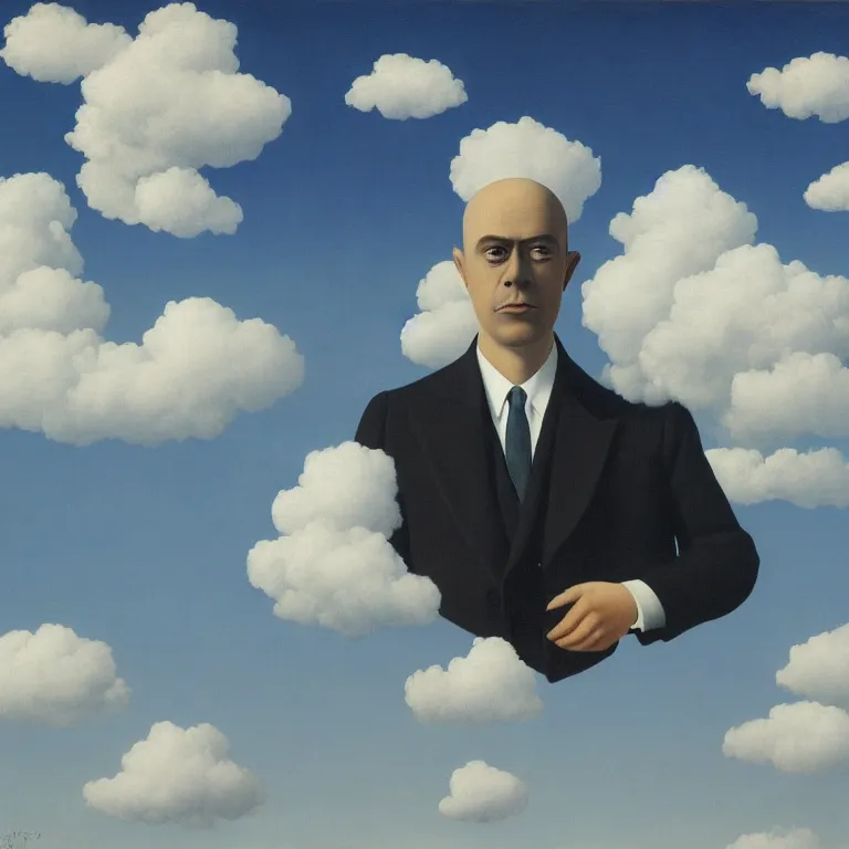 Image similar to portrait of a faceless shadow - head man in a suit, clouds in the background, by rene magritte, detailed painting, distance, middle centered, hd, hq, high resolution, high detail, 4 k, 8 k