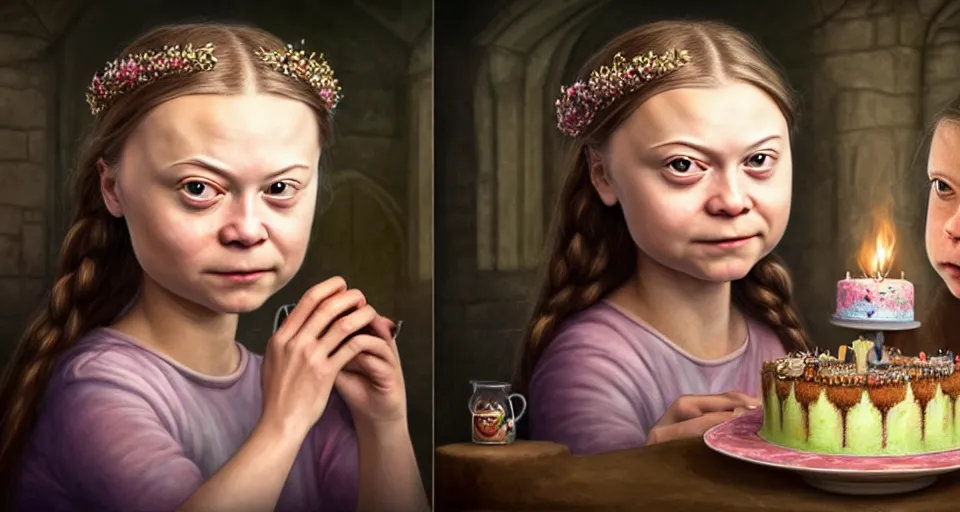 Prompt: closeup profile portrait of greta thunberg as a fairytale princess eating cakes with a a medieval goblin in the castle kitchen, nicoletta ceccoli, mark ryden, lostfish, max fleischer, hyper realistic, artstation, illustration, digital paint, matte paint, vivid colors, bright, cheerful, detailed and intricate environment