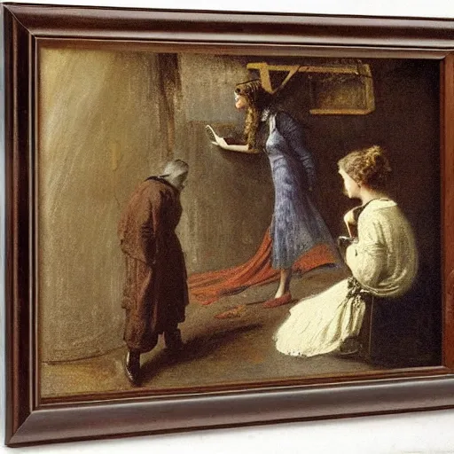 Image similar to young victorian man and woman solving a riddle in a dungeon, by alfred stevens