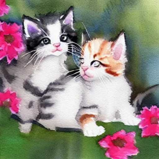 Image similar to cute kittens, watercolor, trending on artstation